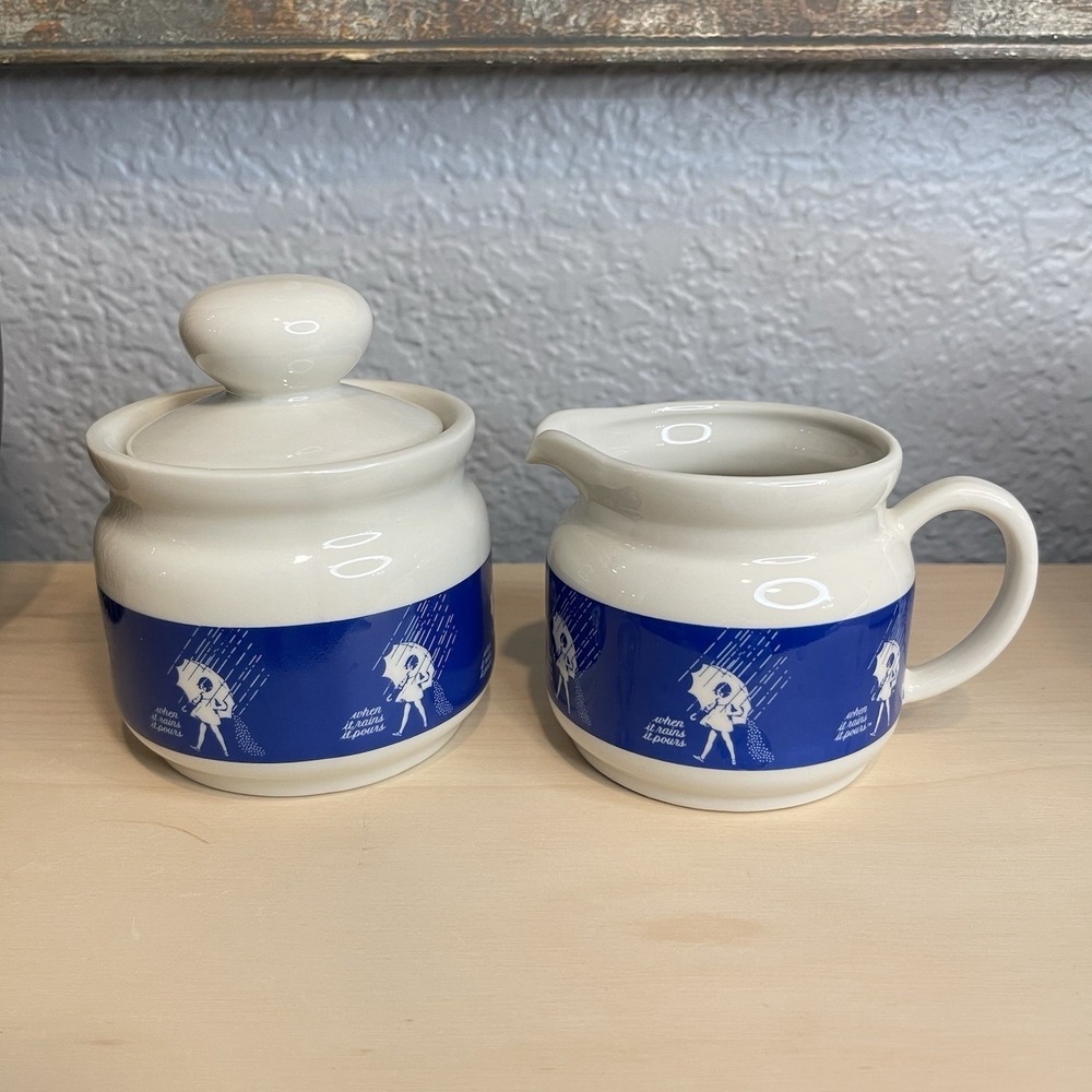 Vintage 1980s Morton Salt Girl When It Rains It Pours Creamer and Sugar Bowl Set
